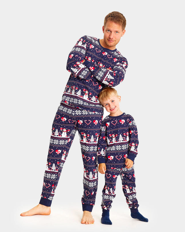 Kids Blue Christmas Pajamas with Snowmen and Hearts