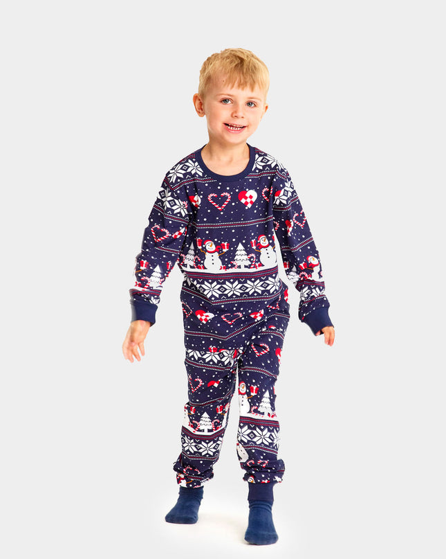 Family Christmas Pajamas in Blue with Snowmen and Hearts