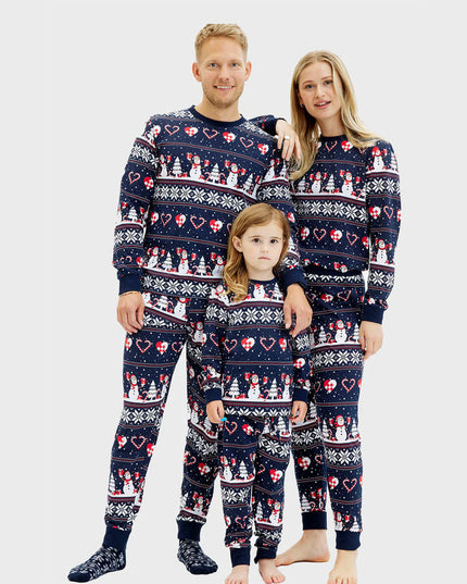 Family Blue Christmas Pajamas with Snowmen and Hearts