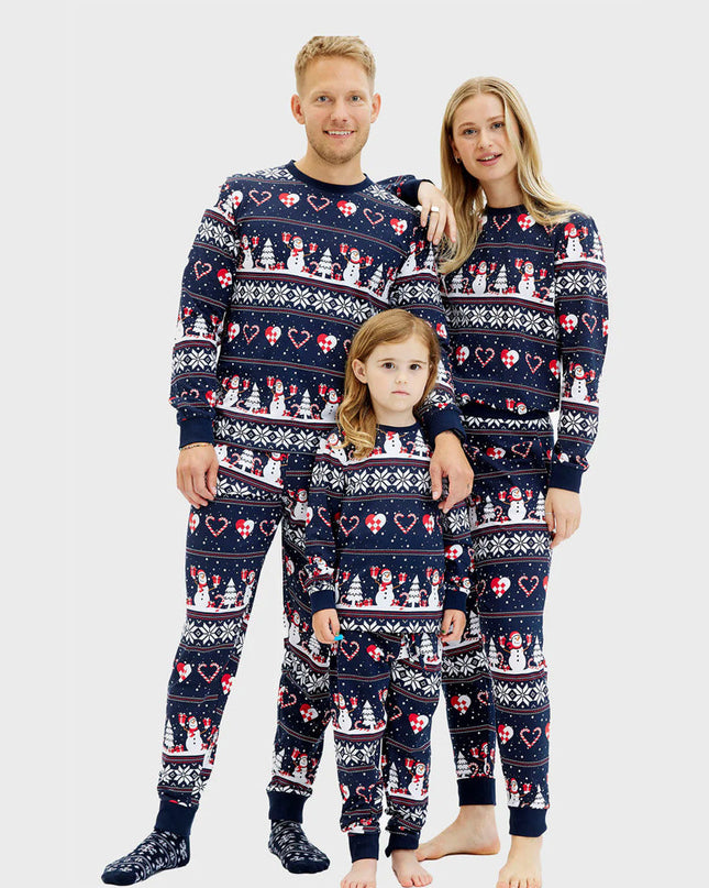 Family Blue Christmas Pajamas with Snowmen and Hearts