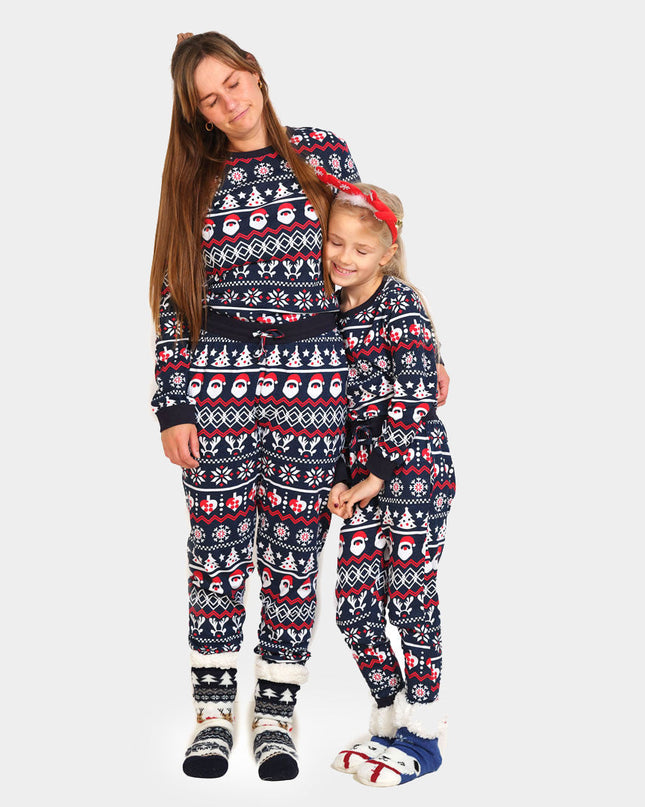 Family Christmas Pajamas in Blue with Santa and Hearts