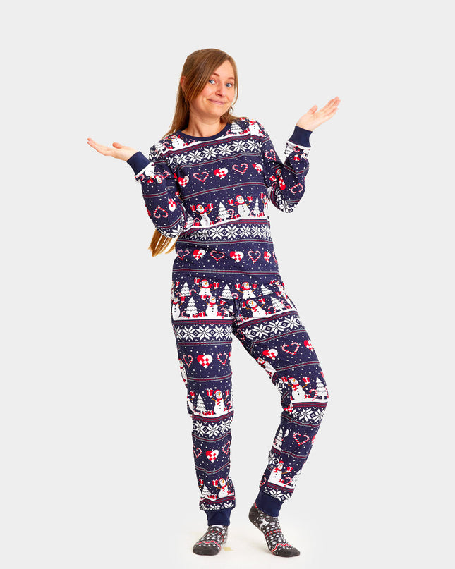 Unisex Blue Christmas Pajamas with Snowmen and Hearts