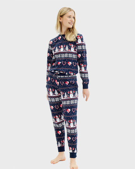 Unisex Blue Christmas Pajamas with Snowmen and Hearts