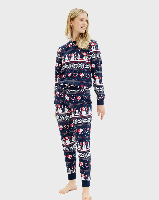 Unisex Blue Christmas Pajamas with Snowmen and Hearts