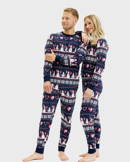 Unisex Blue Christmas Pajamas with Snowmen and Hearts