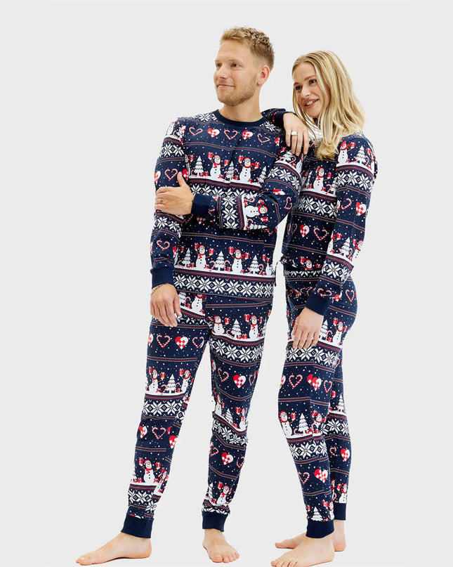 Unisex Blue Christmas Pajamas with Snowmen and Hearts