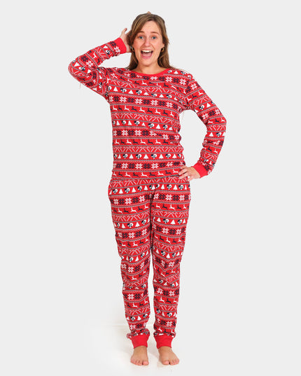 Unisex Red Christmas Pajamas with Reindeer and Trees
