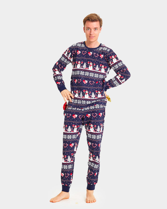 Unisex Blue Christmas Pajamas with Snowmen and Hearts
