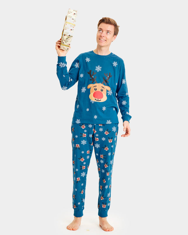 Unisex Blue Christmas Pajamas with Rudolph