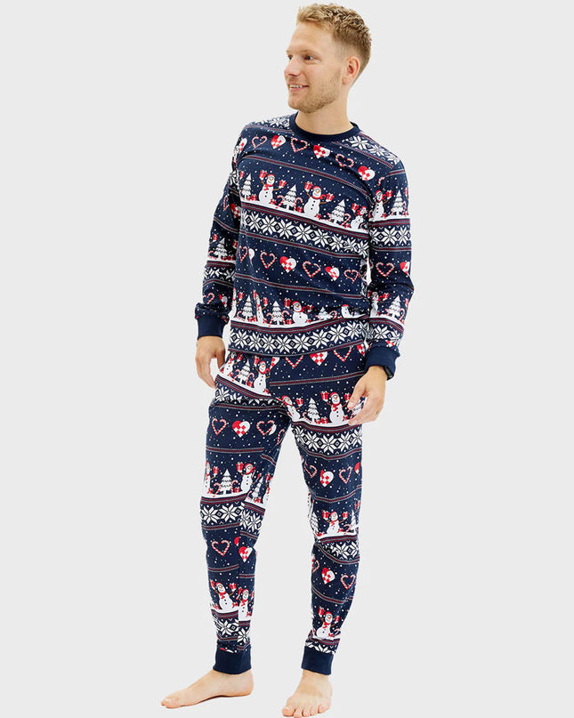 Unisex Blue Christmas Pajamas with Snowmen and Hearts