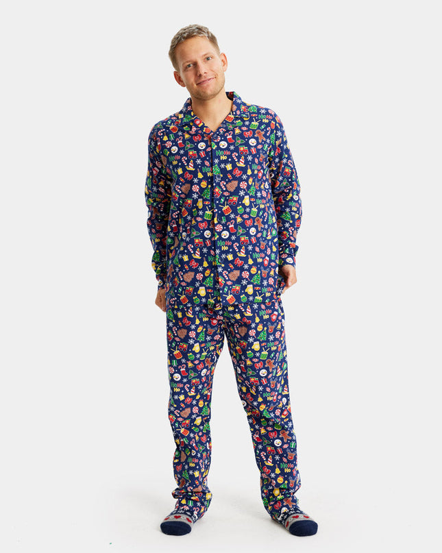 Unisex Adult Blue Christmas Pajamas with Holiday Patterns