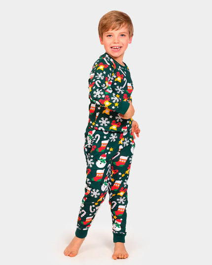 Kids Green Christmas Pajamas with Holiday Patterns