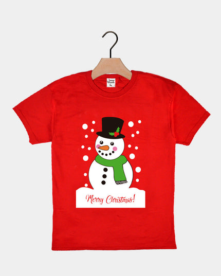 Red Christmas T-Shirt for Kids with Snowman Design