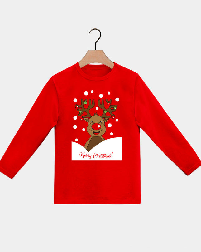 Red Long Sleeve Christmas T-Shirt for Kids with Rudolph