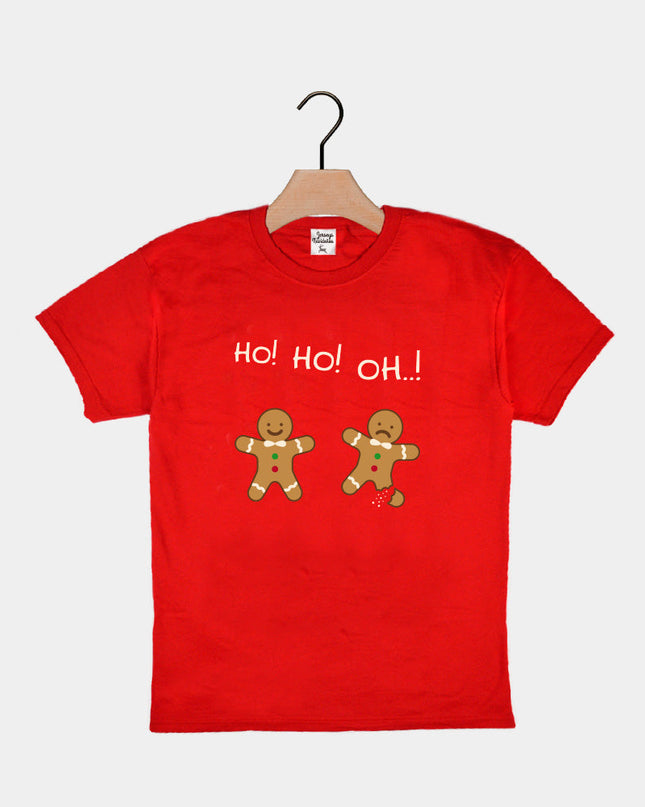 Red Christmas T-Shirt for Kids featuring Gingerbread Man