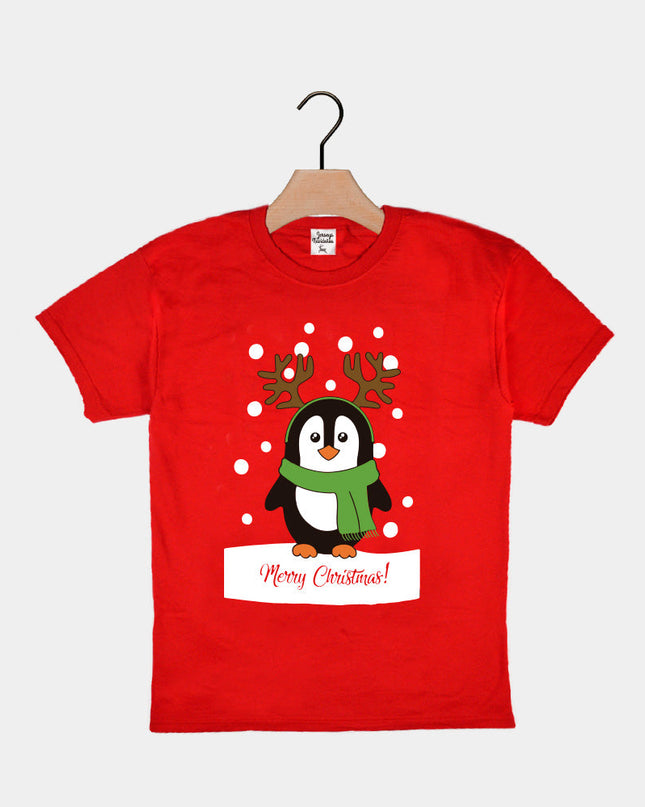 Red Kids Christmas T-Shirt with Penguin