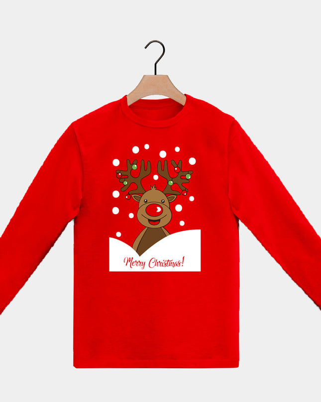 Red Long Sleeve Family Christmas T-Shirt with Reindeer