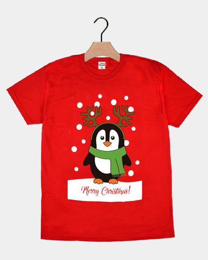Red Family Christmas T-Shirt with Penguin