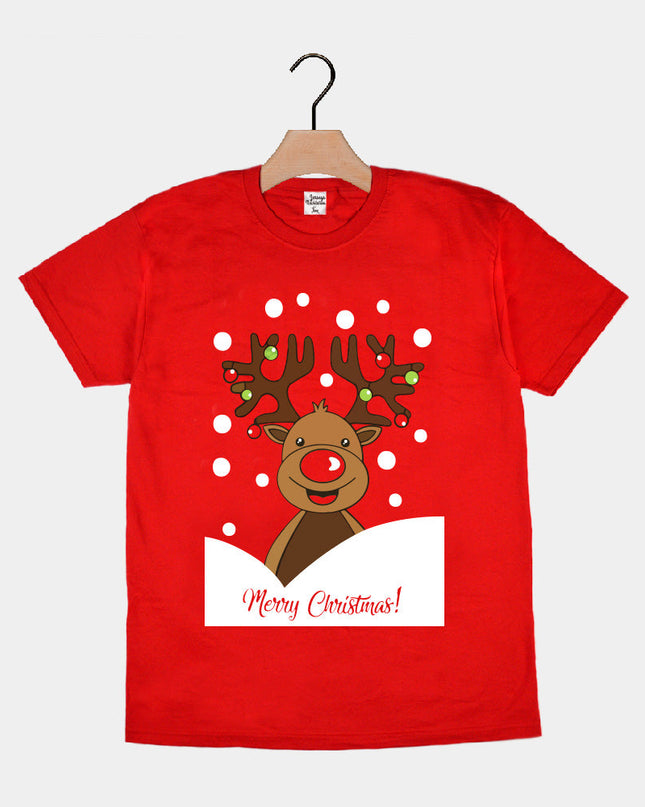 Red Family Christmas T-Shirt with Reindeer