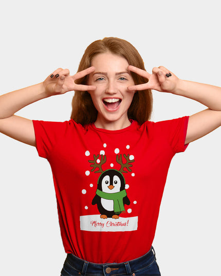 Red Christmas T-Shirt for Men and Women with Penguin
