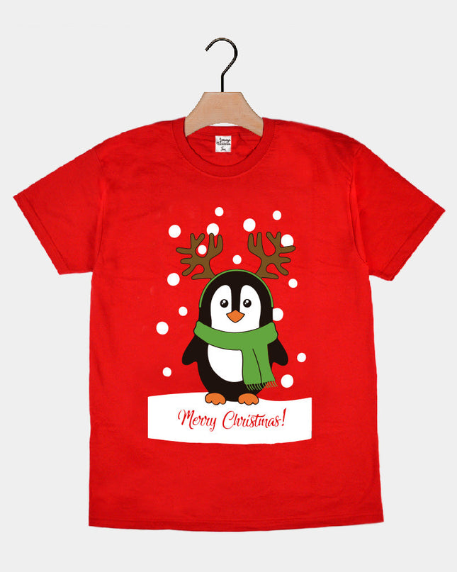 Red Christmas T-Shirt for Men and Women with Penguin