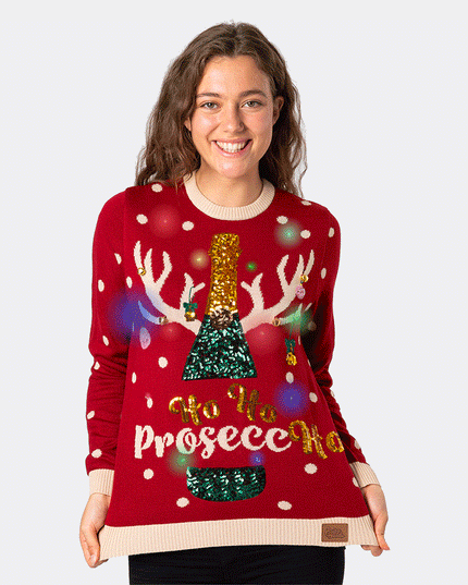 Women's Prosecco Christmas Sweater with Lights for Fun