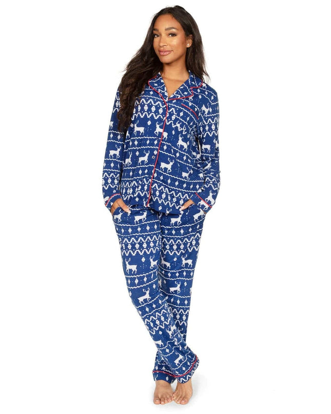 Women's Blue Reindeer Lapel Pajama Set