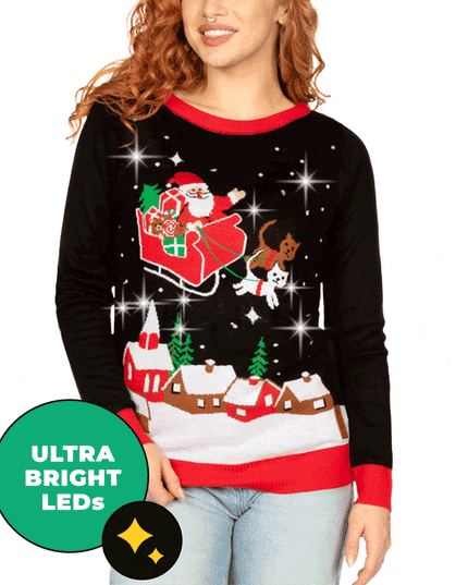 Women's Meowy Christmas Sleigh Light Up Ugly Christmas Sweater
