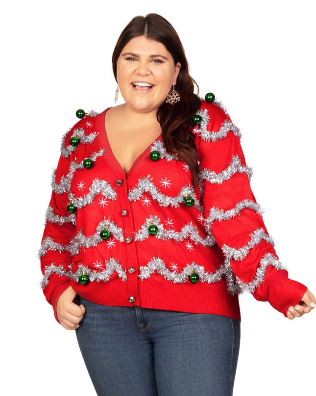 Women's Tinsel Plus Size Ugly Christmas Cardigan Sweater